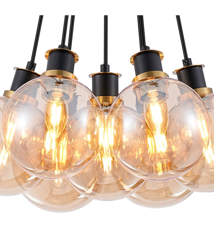 Placid 45cm Round Cluster Pendant 7 Light E14 15cm Round Glass Shade Brass Amber Plated & Satin Black-6