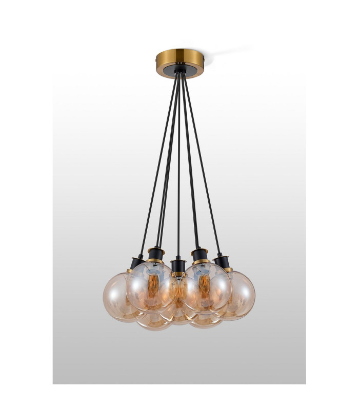 Placid 45cm Round Cluster Pendant 7 Light E14 15cm Round Glass Shade Brass Amber Plated & Satin Black-7
