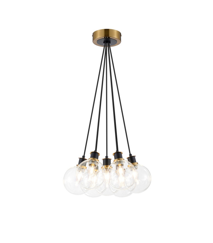 Placid 45cm Round Cluster Pendant 7 Light E14 15cm Round Glass Shade Brass Clear & Satin Black-1