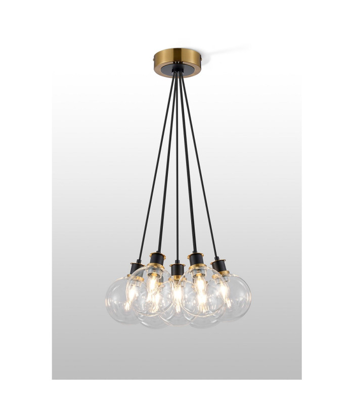 Placid 45cm Round Cluster Pendant 7 Light E14 15cm Round Glass Shade Brass Clear & Satin Black-3
