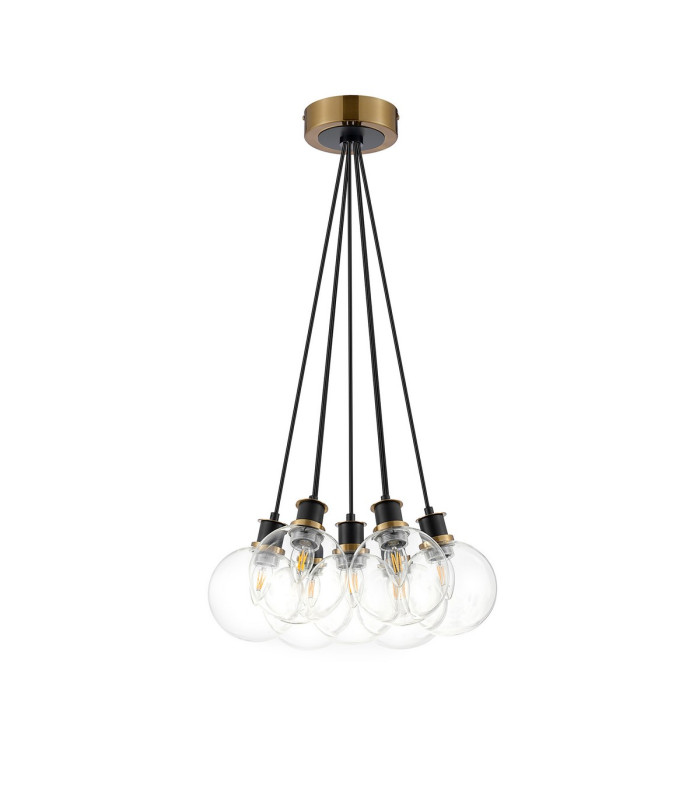 Placid 45cm Round Cluster Pendant 7 Light E14 15cm Round Glass Shade Brass Clear & Satin Black-4