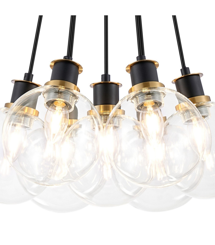 Placid 45cm Round Cluster Pendant 7 Light E14 15cm Round Glass Shade Brass Clear & Satin Black-6