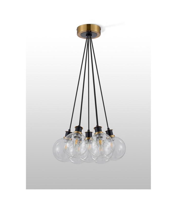 Placid 45cm Round Cluster Pendant 7 Light E14 15cm Round Glass Shade Brass Clear & Satin Black-7