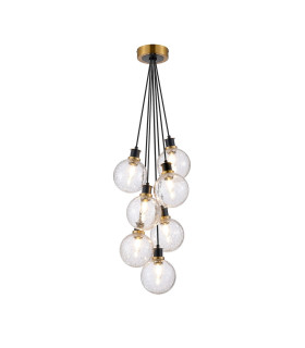 Placid 45cm Round Cluster Pendant 7 Light E14 15cm Round Crackled Glass Shade Brass Clear & Satin Black-1