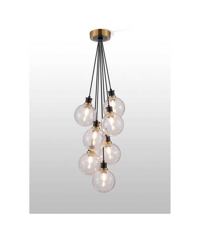 Placid 45cm Round Cluster Pendant 7 Light E14 15cm Round Crackled Glass Shade Brass Clear & Satin Black-3