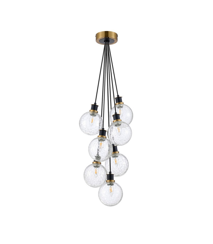 Placid 45cm Round Cluster Pendant 7 Light E14 15cm Round Crackled Glass Shade Brass Clear & Satin Black-4