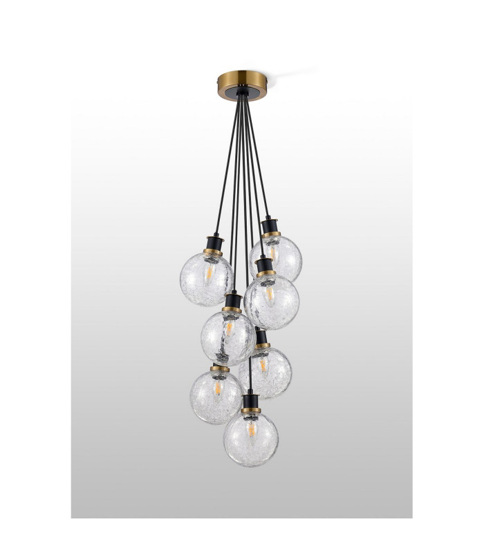 Placid 45cm Round Cluster Pendant 7 Light E14 15cm Round Crackled Glass Shade Brass Clear & Satin Black-7