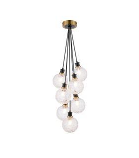 Placid 45cm Round Cluster Pendant 7 Light E14 15cm Round Textured Crumple Glass Shade Brass Clear & Satin Black-1
