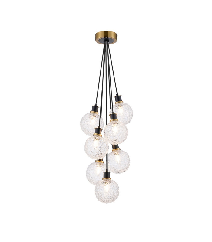 Placid 45cm Round Cluster Pendant 7 Light E14 15cm Round Textured Crumple Glass Shade Brass Clear & Satin Black-1