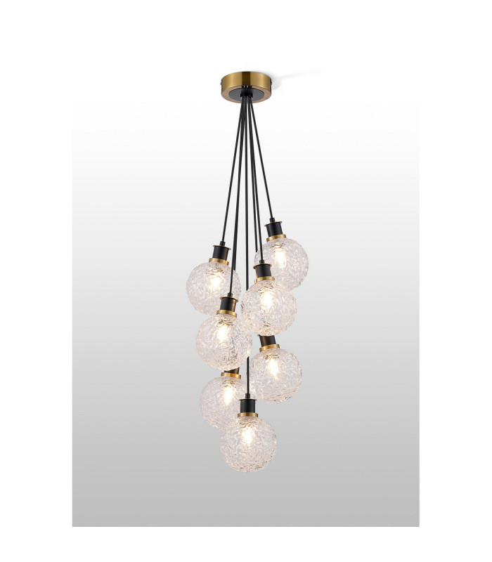 Placid 45cm Round Cluster Pendant 7 Light E14 15cm Round Textured Crumple Glass Shade Brass Clear & Satin Black-3