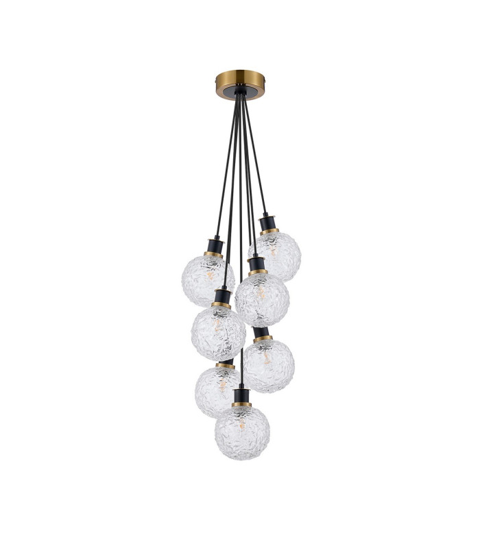 Placid 45cm Round Cluster Pendant 7 Light E14 15cm Round Textured Crumple Glass Shade Brass Clear & Satin Black-4