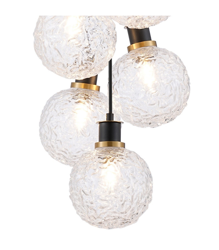 Placid 45cm Round Cluster Pendant 7 Light E14 15cm Round Textured Crumple Glass Shade Brass Clear & Satin Black-6