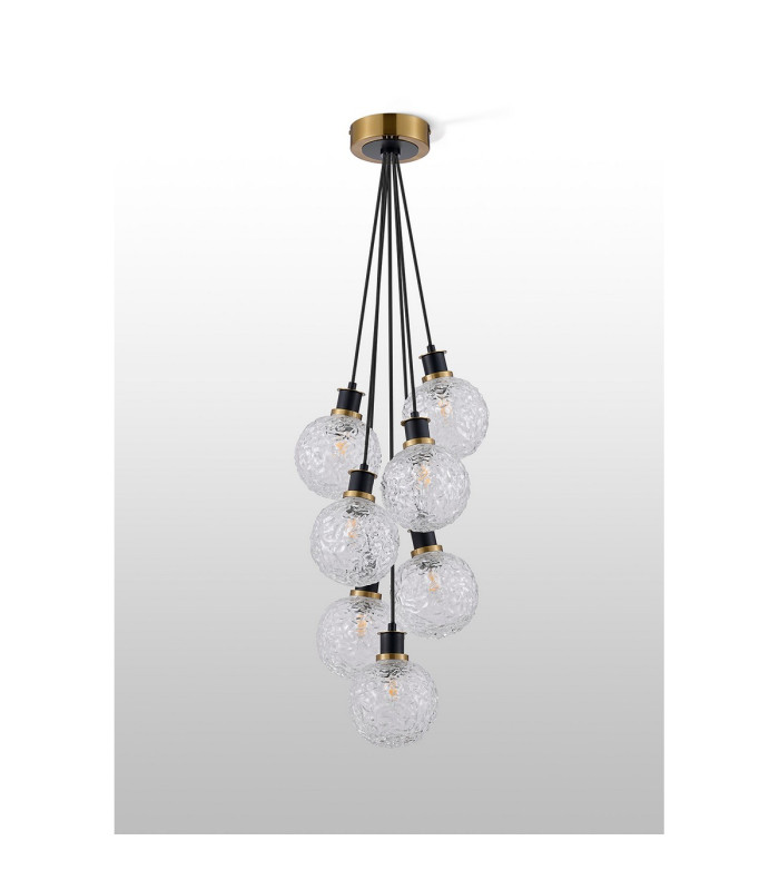 Placid 45cm Round Cluster Pendant 7 Light E14 15cm Round Textured Crumple Glass Shade Brass Clear & Satin Black-7