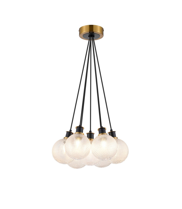 Placid 45cm Round Cluster Pendant 7 Light E14 15cm Round Textured Diamond Pattern Glass Shade Brass Clear & Satin Black-1
