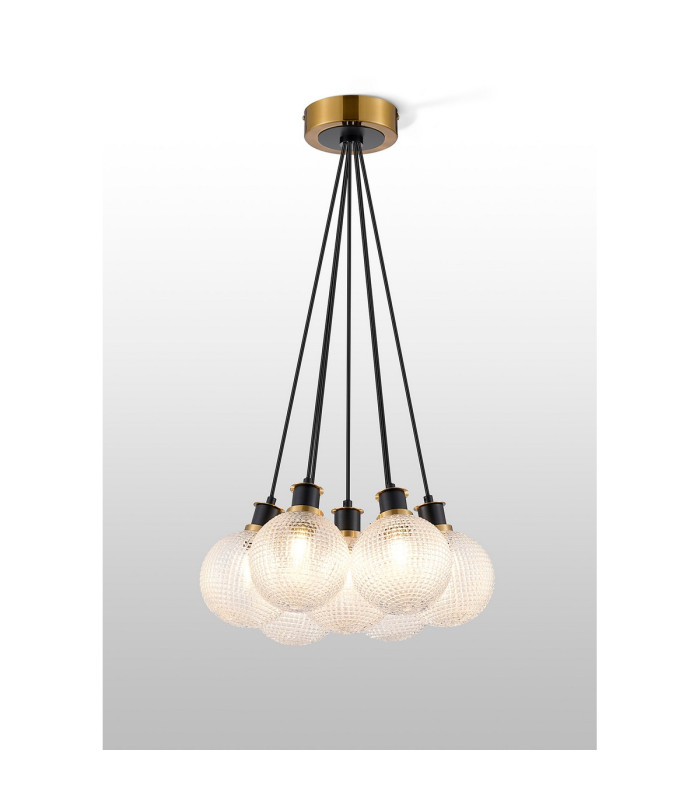 Placid 45cm Round Cluster Pendant 7 Light E14 15cm Round Textured Diamond Pattern Glass Shade Brass Clear & Satin Black-3