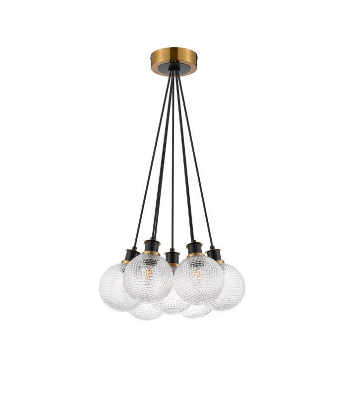 Placid 45cm Round Cluster Pendant 7 Light E14 15cm Round Textured Diamond Pattern Glass Shade Brass Clear & Satin Black-4