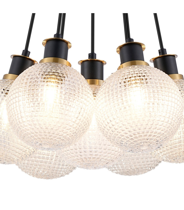Placid 45cm Round Cluster Pendant 7 Light E14 15cm Round Textured Diamond Pattern Glass Shade Brass Clear & Satin Black-6