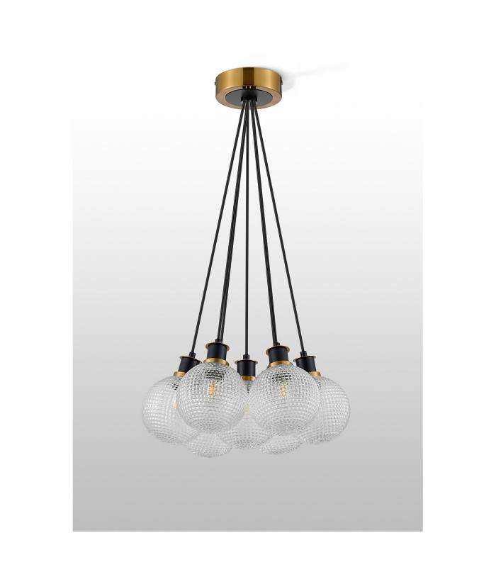 Placid 45cm Round Cluster Pendant 7 Light E14 15cm Round Textured Diamond Pattern Glass Shade Brass Clear & Satin Black-7