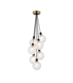 Placid 45cm Round Cluster Pendant 7 Light E14 15cm Round Dimpled Glass Shade Brass Clear & Satin Black-1