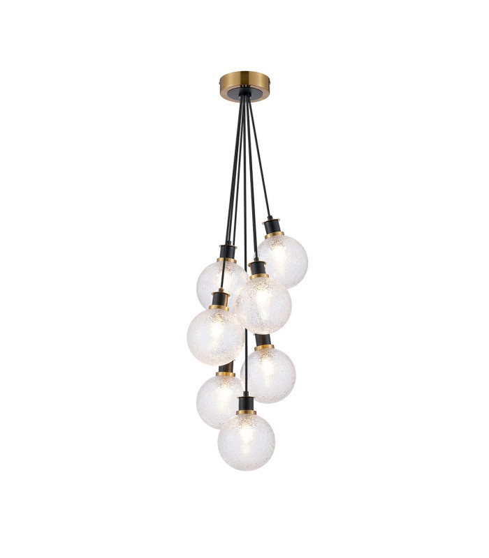 Placid 45cm Round Cluster Pendant 7 Light E14 15cm Round Dimpled Glass Shade Brass Clear & Satin Black-1