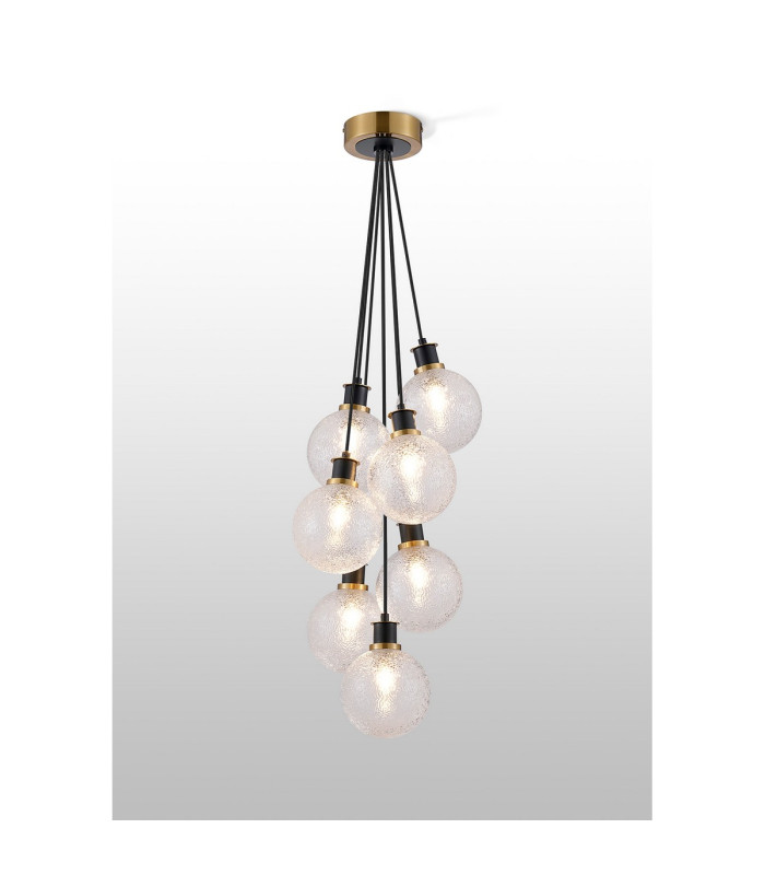 Placid 45cm Round Cluster Pendant 7 Light E14 15cm Round Dimpled Glass Shade Brass Clear & Satin Black-3