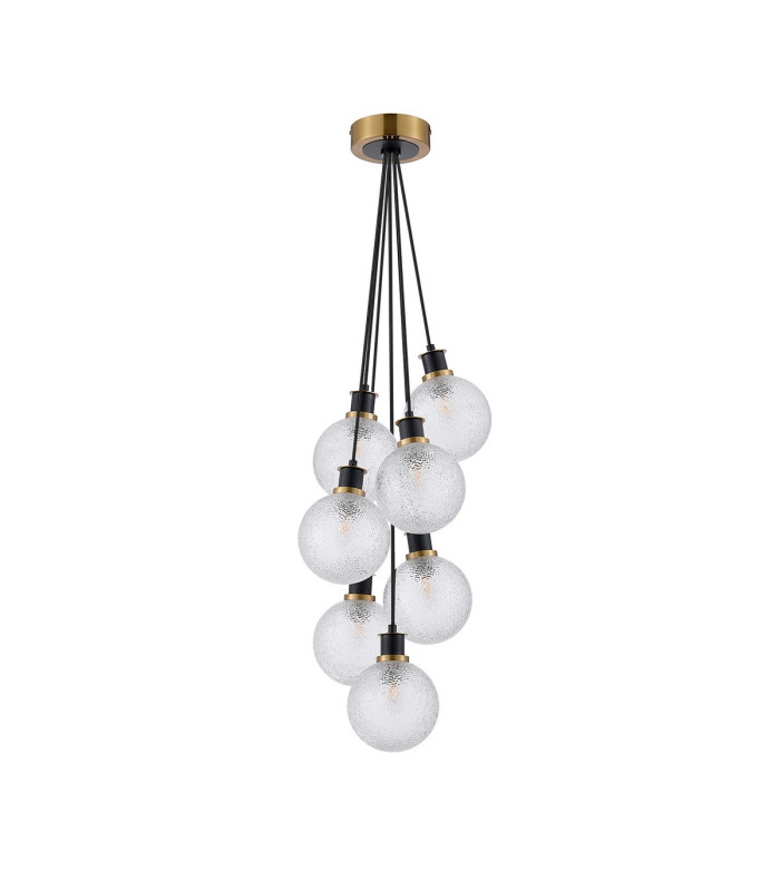 Placid 45cm Round Cluster Pendant 7 Light E14 15cm Round Dimpled Glass Shade Brass Clear & Satin Black-4