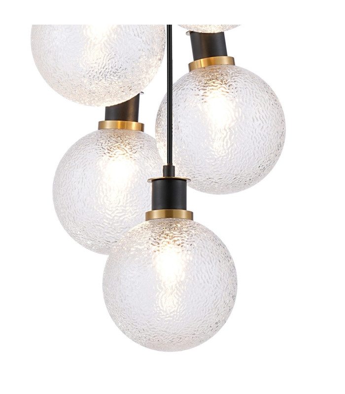 Placid 45cm Round Cluster Pendant 7 Light E14 15cm Round Dimpled Glass Shade Brass Clear & Satin Black-6