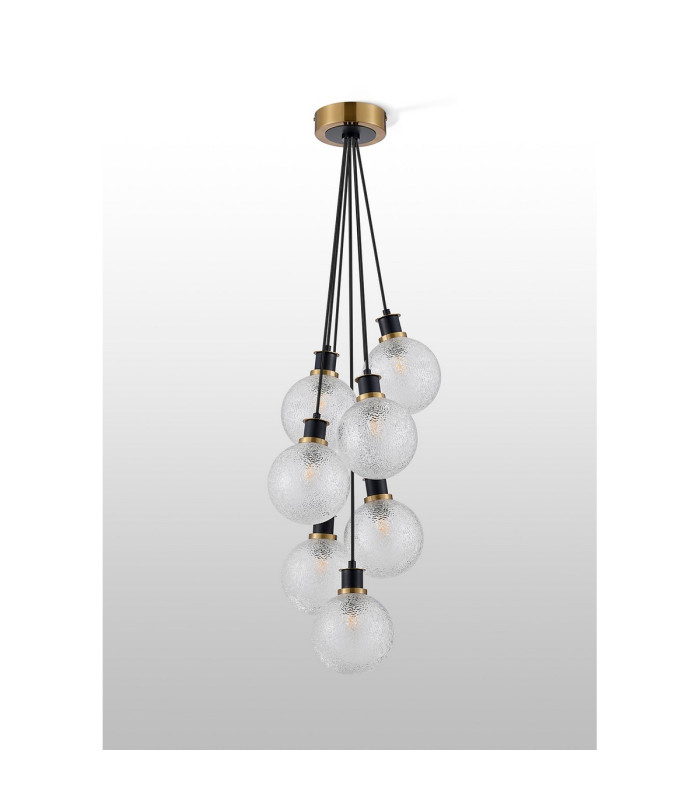 Placid 45cm Round Cluster Pendant 7 Light E14 15cm Round Dimpled Glass Shade Brass Clear & Satin Black-7