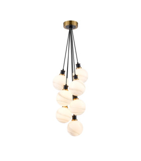 Placid 45cm Round Cluster Pendant 7x E14 15cm Round White & Grey Marble Effect Glass Shade Brass & Satin Black Framework-1