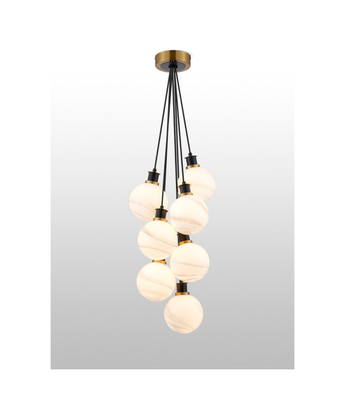 Placid 45cm Round Cluster Pendant 7x E14 15cm Round White & Grey Marble Effect Glass Shade Brass & Satin Black Framework-3