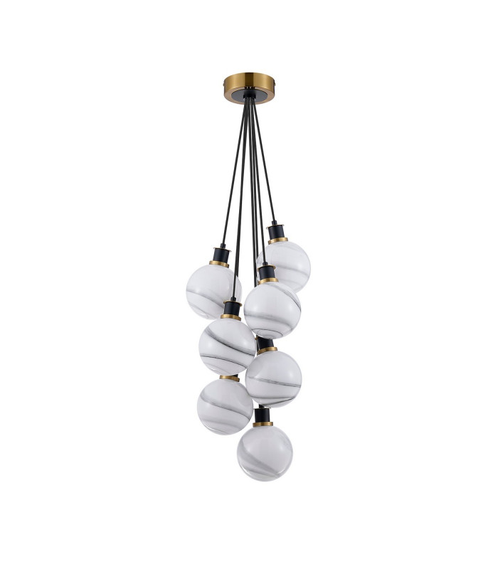 Placid 45cm Round Cluster Pendant 7x E14 15cm Round White & Grey Marble Effect Glass Shade Brass & Satin Black Framework-4