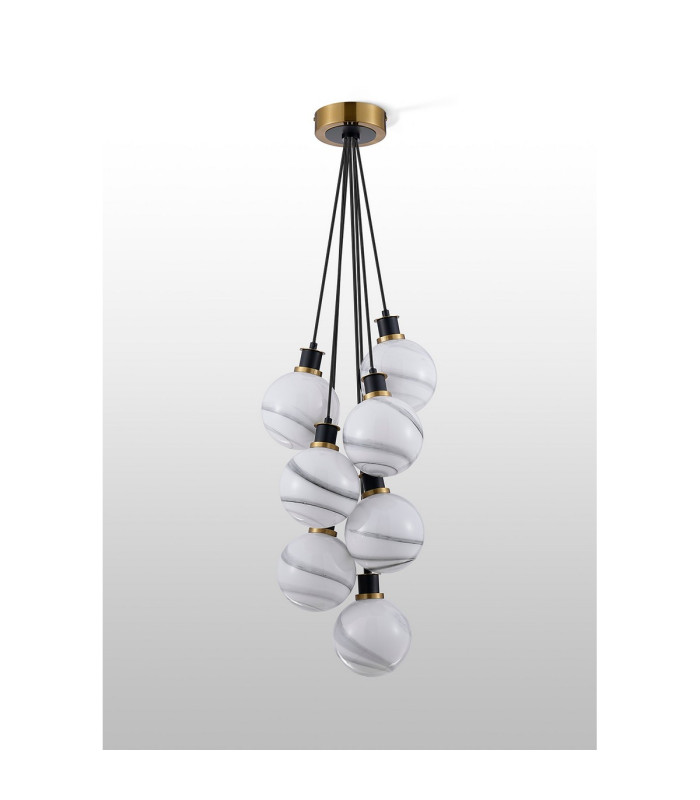 Placid 45cm Round Cluster Pendant 7x E14 15cm Round White & Grey Marble Effect Glass Shade Brass & Satin Black Framework-7