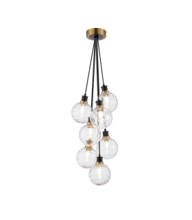Placid 45cm Round Cluster Pendant 7 Light E14 15cm Round Textured Melting Glass Shade Brass Clear & Satin Black-1