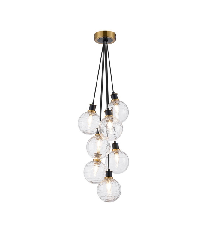 Placid 45cm Round Cluster Pendant 7 Light E14 15cm Round Textured Melting Glass Shade Brass Clear & Satin Black-1