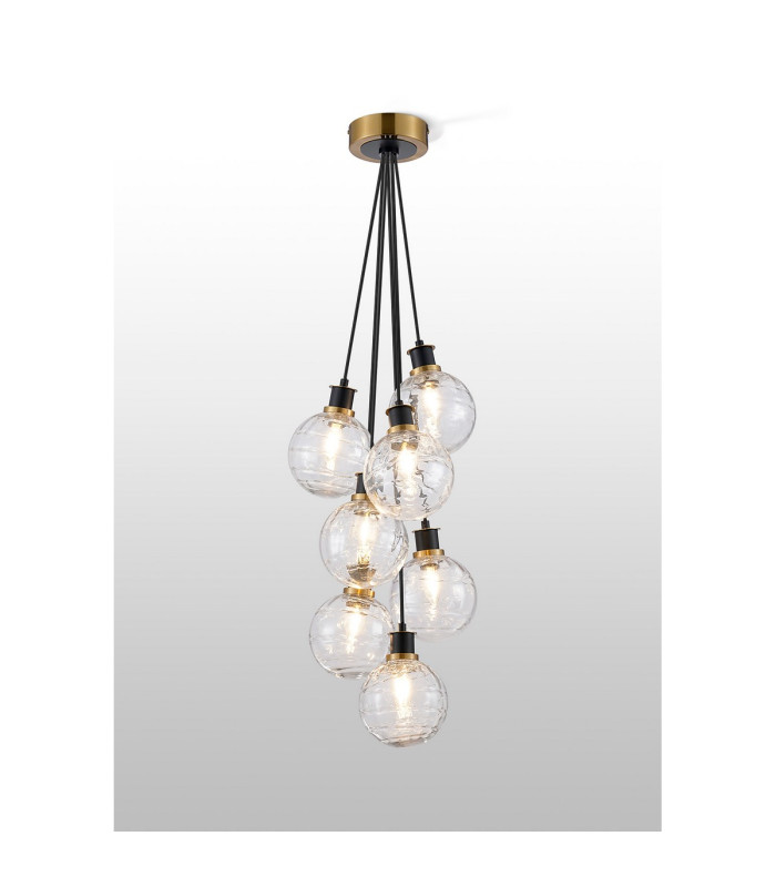 Placid 45cm Round Cluster Pendant 7 Light E14 15cm Round Textured Melting Glass Shade Brass Clear & Satin Black-3