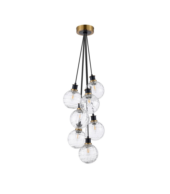 Placid 45cm Round Cluster Pendant 7 Light E14 15cm Round Textured Melting Glass Shade Brass Clear & Satin Black-4