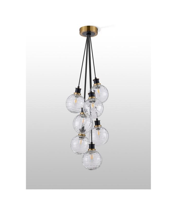 Placid 45cm Round Cluster Pendant 7 Light E14 15cm Round Textured Melting Glass Shade Brass Clear & Satin Black-7