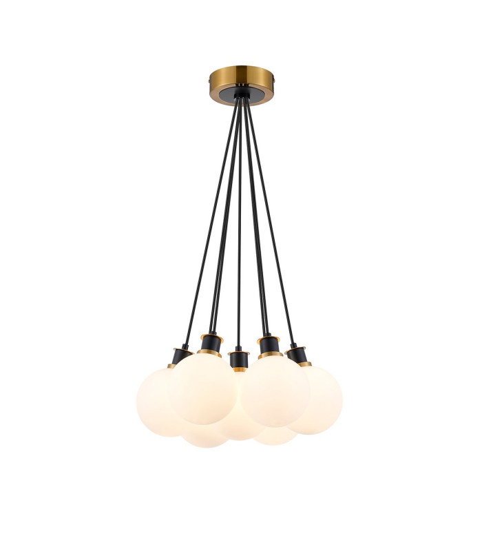 Placid 45cm Round Cluster Pendant 7 Light E14 15cm Round Glass Shade Brass Opal & Satin Black-1