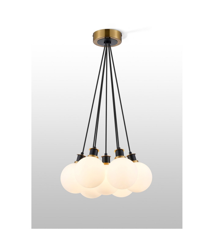 Placid 45cm Round Cluster Pendant 7 Light E14 15cm Round Glass Shade Brass Opal & Satin Black-3