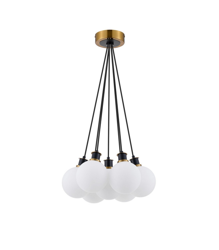 Placid 45cm Round Cluster Pendant 7 Light E14 15cm Round Glass Shade Brass Opal & Satin Black-4