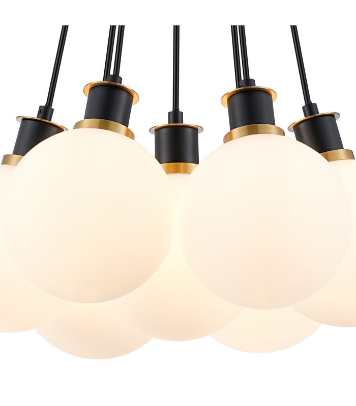 Placid 45cm Round Cluster Pendant 7 Light E14 15cm Round Glass Shade Brass Opal & Satin Black-6