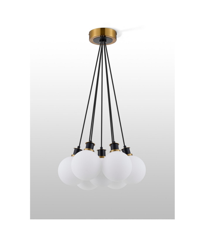 Placid 45cm Round Cluster Pendant 7 Light E14 15cm Round Glass Shade Brass Opal & Satin Black-7