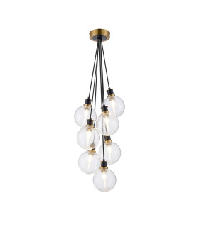 Placid 45cm Round Cluster Pendant 7 Light E14 15cm Round Ribbed Glass Shade Brass Clear & Satin Black-1