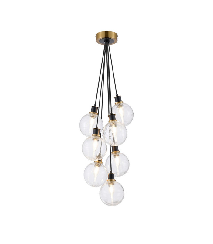 Placid 45cm Round Cluster Pendant 7 Light E14 15cm Round Ribbed Glass Shade Brass Clear & Satin Black-1
