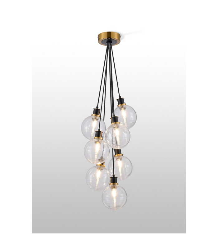 Placid 45cm Round Cluster Pendant 7 Light E14 15cm Round Ribbed Glass Shade Brass Clear & Satin Black-3
