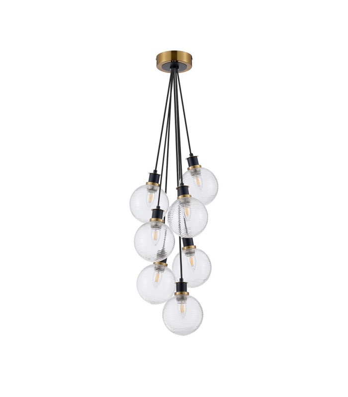 Placid 45cm Round Cluster Pendant 7 Light E14 15cm Round Ribbed Glass Shade Brass Clear & Satin Black-4
