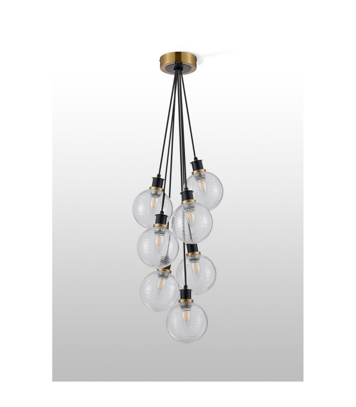 Placid 45cm Round Cluster Pendant 7 Light E14 15cm Round Ribbed Glass Shade Brass Clear & Satin Black-7
