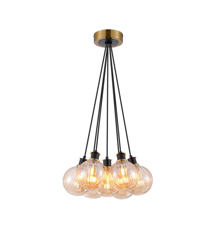 Placid 45cm Round Cluster Pendant 7 Light E14 15cm Round Segment Glass Shade Brass Amber Plated & Satin Black-1