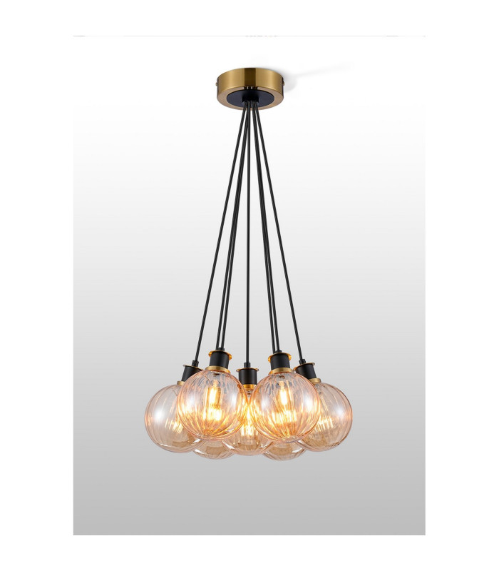 Placid 45cm Round Cluster Pendant 7 Light E14 15cm Round Segment Glass Shade Brass Amber Plated & Satin Black-3