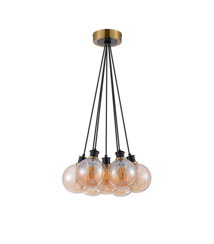 Placid 45cm Round Cluster Pendant 7 Light E14 15cm Round Segment Glass Shade Brass Amber Plated & Satin Black-4